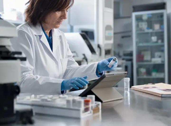 Tecnica di laboratorio in camice e guanti esamina una fiala e un tablet su un banco in un laboratorio ospedaliero