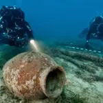 Subacquei documentano un grande dolium in terracotta sul fondale sabbioso, con posidonia e resti lignei sullo sfondo
