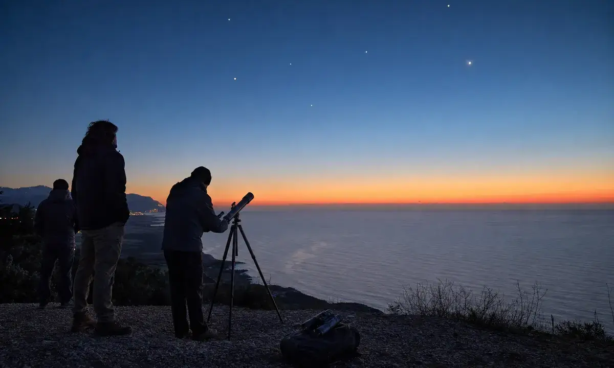 Osservatori con telescopio su un promontorio sul mare all’alba, con punti luminosi nel cielo azzurro
