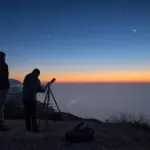 Osservatori con telescopio su un promontorio sul mare all’alba, con punti luminosi nel cielo azzurro