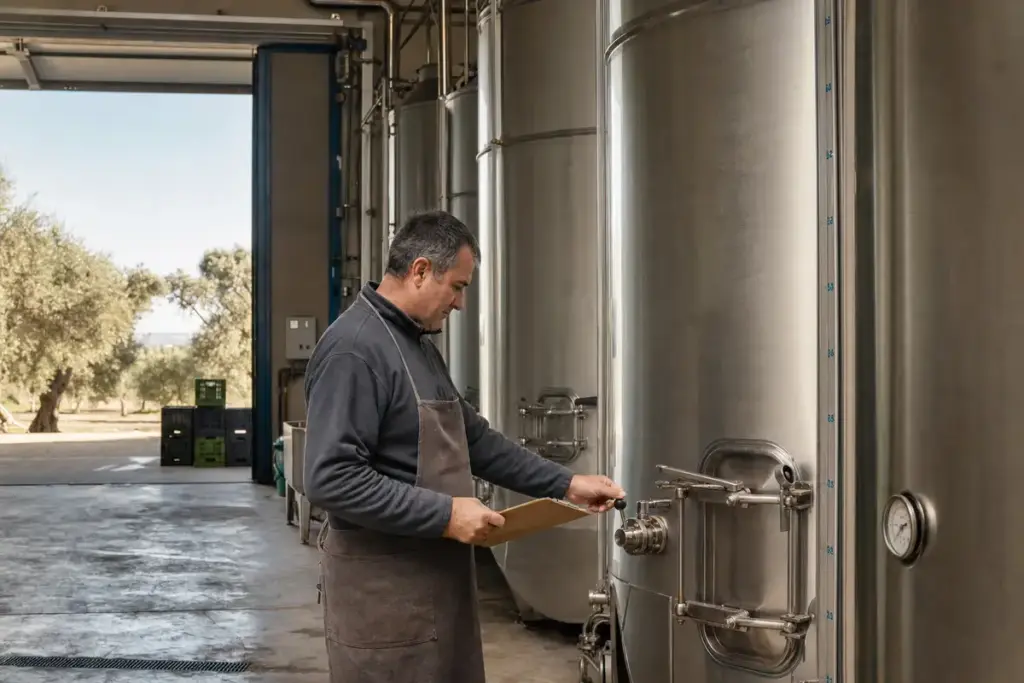 Operatore in frantoio controlla una valvola su grandi silos d’acciaio per olio, con ulivi visibili fuori dalla porta