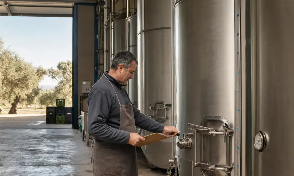 Operatore in frantoio controlla una valvola su grandi silos d’acciaio per olio, con ulivi visibili fuori dalla porta
