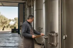Operatore in frantoio controlla una valvola su grandi silos d’acciaio per olio, con ulivi visibili fuori dalla porta