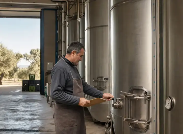 Operatore in frantoio controlla una valvola su grandi silos d’acciaio per olio, con ulivi visibili fuori dalla porta