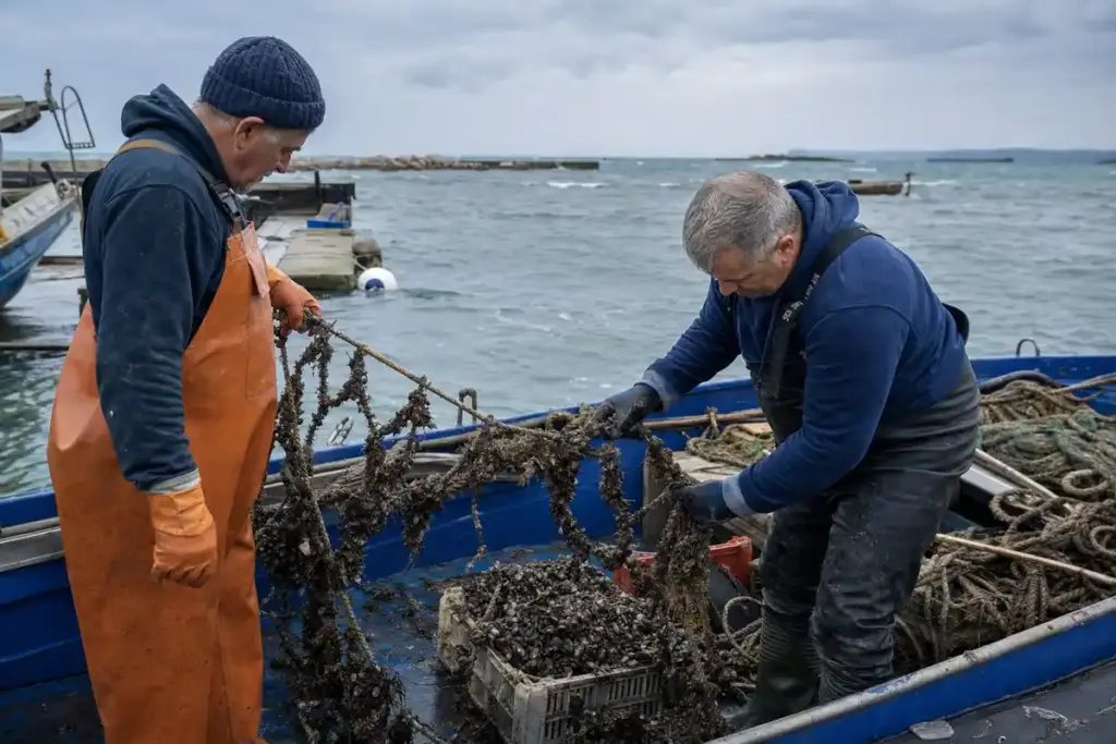 Due operatori su una barca controllano corde di mitilicoltura danneggiate in porto, con mare mosso e cielo nuvoloso