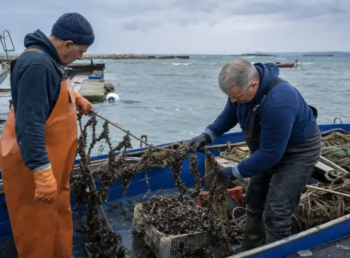 Due operatori su una barca controllano corde di mitilicoltura danneggiate in porto, con mare mosso e cielo nuvoloso