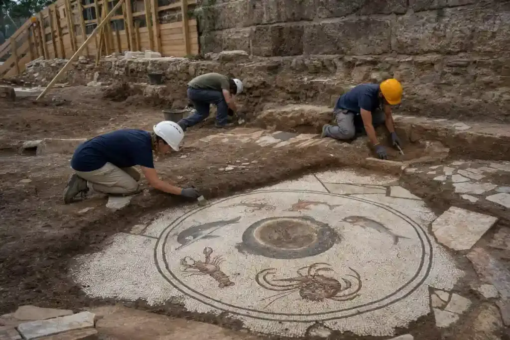 Archeologi al lavoro su un mosaico romano con delfino, pesci, aragosta e granchio in uno scavo
