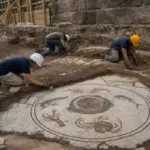 Archeologi al lavoro su un mosaico romano con delfino, pesci, aragosta e granchio in uno scavo