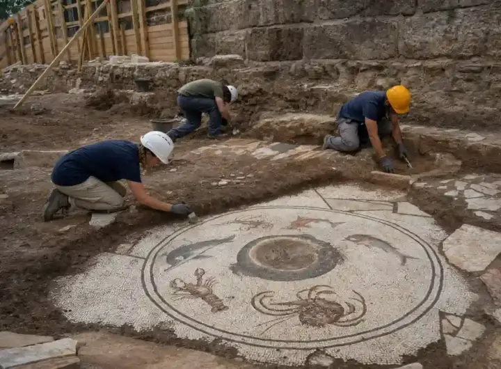 Archeologi al lavoro su un mosaico romano con delfino, pesci, aragosta e granchio in uno scavo
