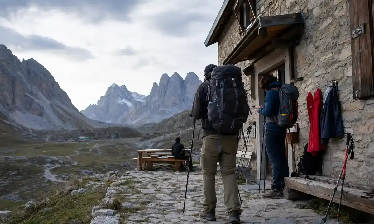 Escursionisti con zaini e bastoncini davanti a un rifugio in pietra, con smartphone e cime alpine sullo sfondo