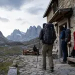 Escursionisti con zaini e bastoncini davanti a un rifugio in pietra, con smartphone e cime alpine sullo sfondo