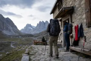 Escursionisti con zaini e bastoncini davanti a un rifugio in pietra, con smartphone e cime alpine sullo sfondo