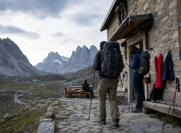 Escursionisti con zaini e bastoncini davanti a un rifugio in pietra, con smartphone e cime alpine sullo sfondo