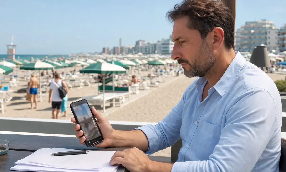 Operatore turistico sul lungomare guarda un video sullo smartphone con documenti e penna sul tavolo, spiaggia sullo sfondo
