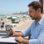 Operatore turistico sul lungomare guarda un video sullo smartphone con documenti e penna sul tavolo, spiaggia sullo sfondo