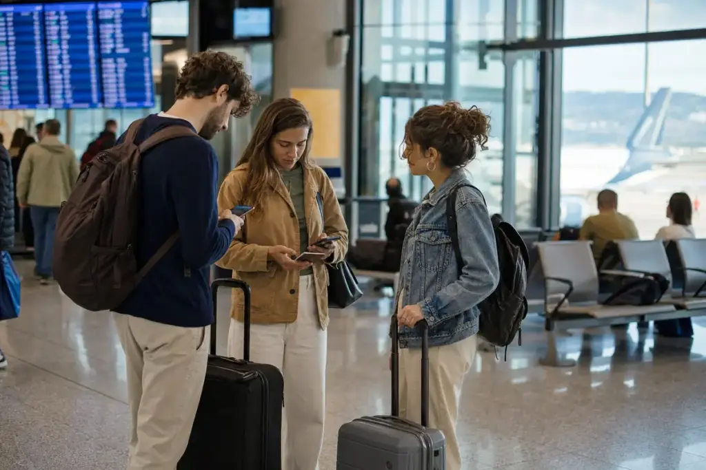 Tre viaggiatori in aeroporto con trolley e smartphone, con tabellone voli sfocato e coda di aereo sullo sfondo