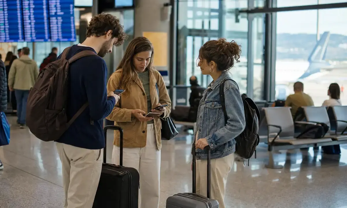 Tre viaggiatori in aeroporto con trolley e smartphone, con tabellone voli sfocato e coda di aereo sullo sfondo