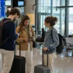 Tre viaggiatori in aeroporto con trolley e smartphone, con tabellone voli sfocato e coda di aereo sullo sfondo