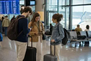 Tre viaggiatori in aeroporto con trolley e smartphone, con tabellone voli sfocato e coda di aereo sullo sfondo