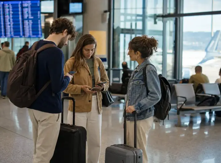 Tre viaggiatori in aeroporto con trolley e smartphone, con tabellone voli sfocato e coda di aereo sullo sfondo