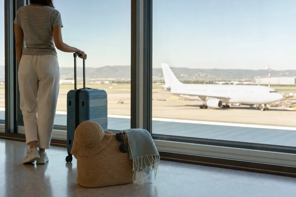 Viaggiatrice in aeroporto con trolley e borsa da spiaggia con cappello e occhiali davanti alla vetrata