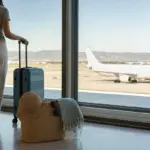 Viaggiatrice in aeroporto con trolley e borsa da spiaggia con cappello e occhiali davanti alla vetrata