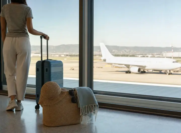 Viaggiatrice in aeroporto con trolley e borsa da spiaggia con cappello e occhiali davanti alla vetrata