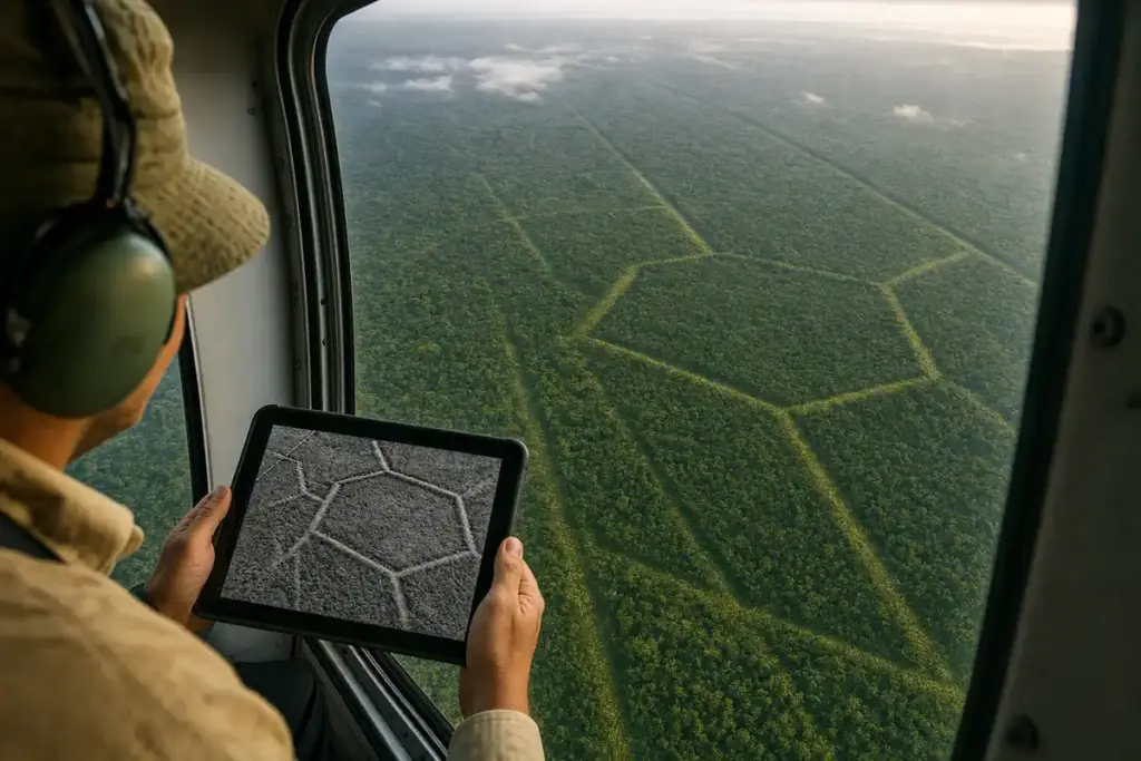 Ricercatore in aereo guarda la foresta amazzonica con geoglifi e strade antiche visibili, tenendo un tablet con mappa LiDAR