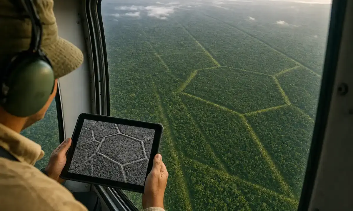 Ricercatore in aereo guarda la foresta amazzonica con geoglifi e strade antiche visibili, tenendo un tablet con mappa LiDAR