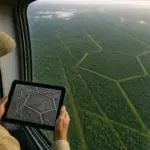 Ricercatore in aereo guarda la foresta amazzonica con geoglifi e strade antiche visibili, tenendo un tablet con mappa LiDAR
