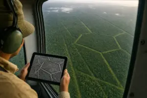 Ricercatore in aereo guarda la foresta amazzonica con geoglifi e strade antiche visibili, tenendo un tablet con mappa LiDAR