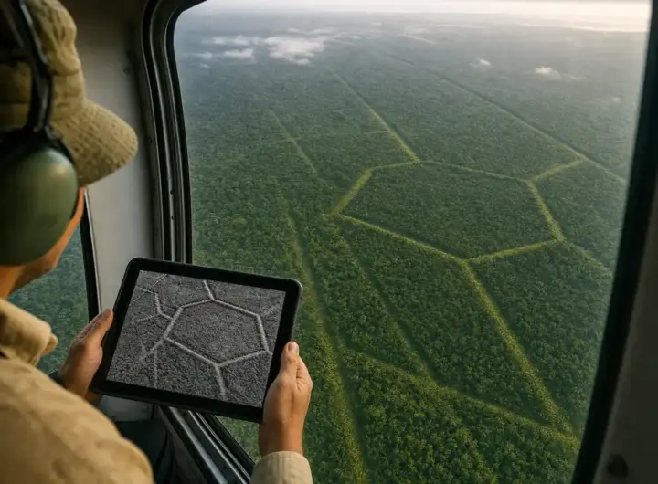 Ricercatore in aereo guarda la foresta amazzonica con geoglifi e strade antiche visibili, tenendo un tablet con mappa LiDAR