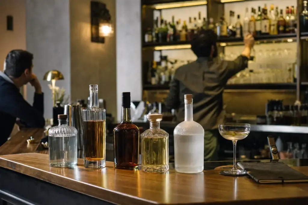 Bottiglie di spirits senza etichette su bancone in legno con cocktail e taccuino, bartender sullo sfondo