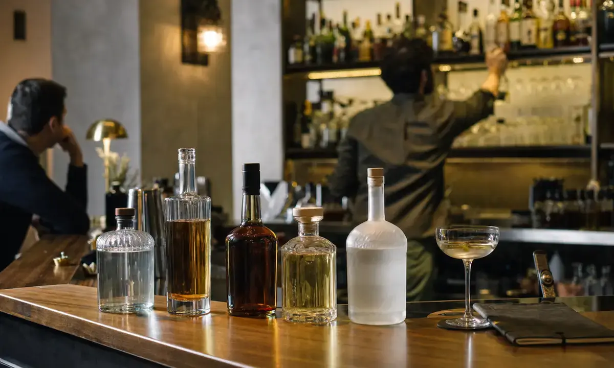 Bottiglie di spirits senza etichette su bancone in legno con cocktail e taccuino, bartender sullo sfondo