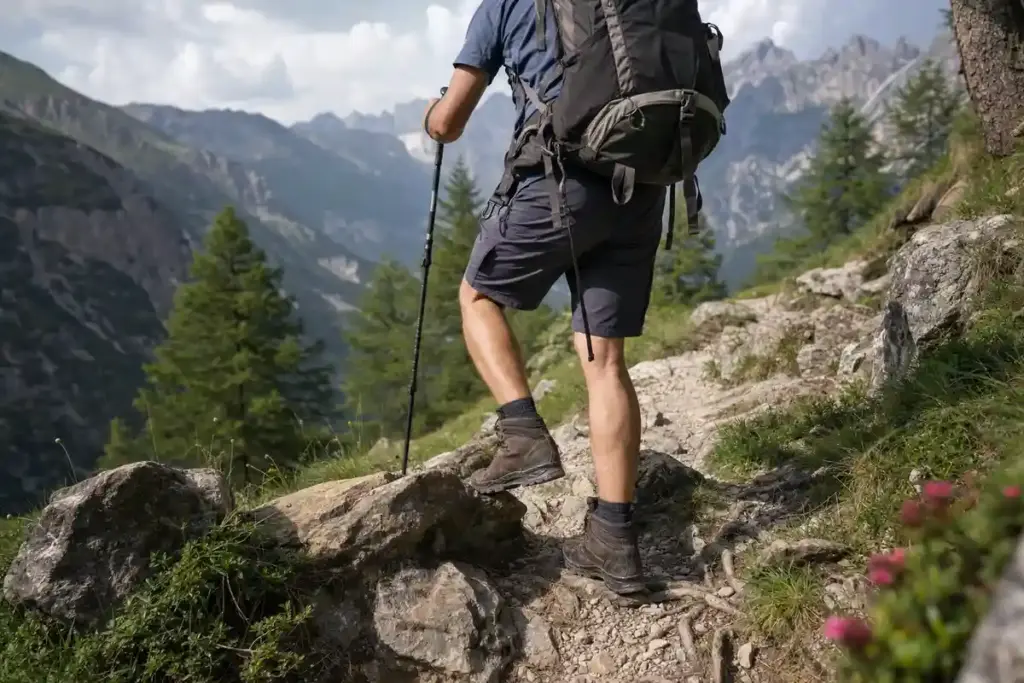 Escursionista con zaino e bastoncino su sentiero roccioso in montagna, con scarponi e terreno irregolare