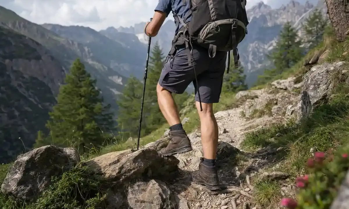 Escursionista con zaino e bastoncino su sentiero roccioso in montagna, con scarponi e terreno irregolare