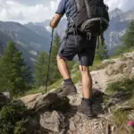Escursionista con zaino e bastoncino su sentiero roccioso in montagna, con scarponi e terreno irregolare