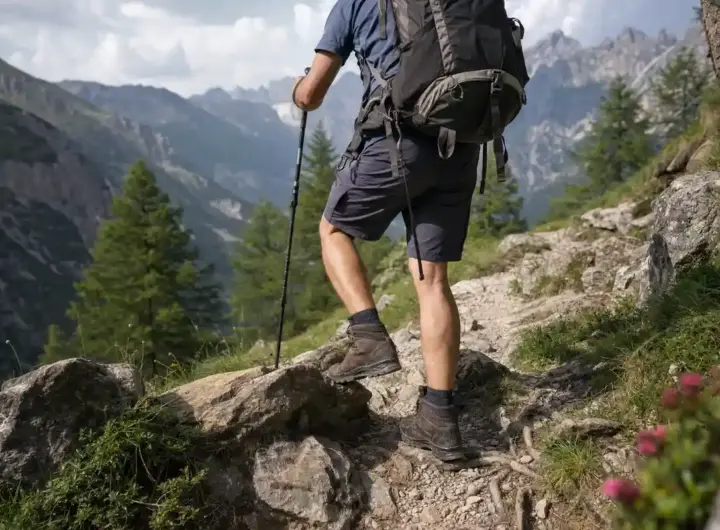 Escursionista con zaino e bastoncino su sentiero roccioso in montagna, con scarponi e terreno irregolare