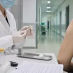 Operatore sanitario con mascherina prepara una siringa per un test, con paziente seduto e corridoio clinico sullo sfondo