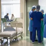 Corridoio ospedaliero pediatrico con lettino vuoto e personale sanitario in camice e mascherina che discute vicino a una