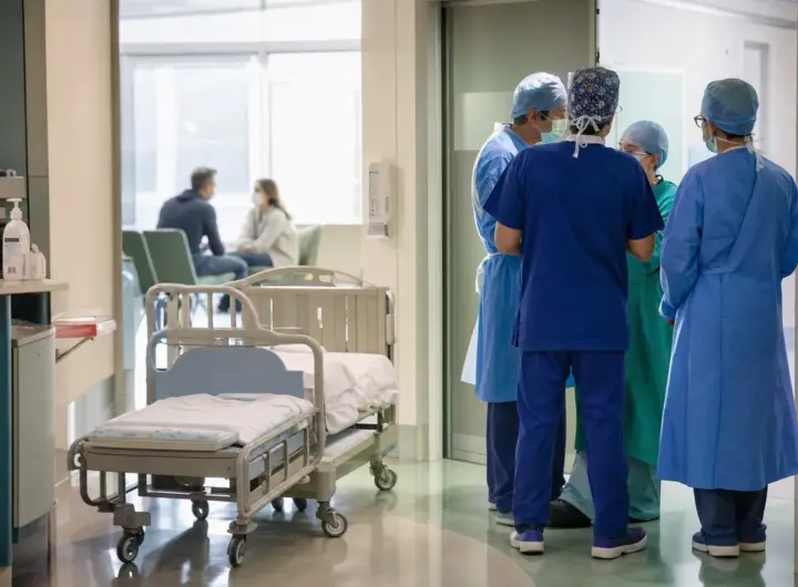 Corridoio ospedaliero pediatrico con lettino vuoto e personale sanitario in camice e mascherina che discute vicino a una