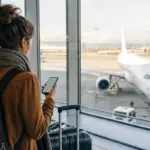 Viaggiatrice in aeroporto con smartphone e valigia davanti alle vetrate, con aereo parcheggiato sul piazzale