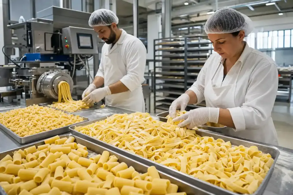 Addetti in camice e cuffia sistemano pasta fresca su vassoi in un laboratorio di produzione con macchinari industriali