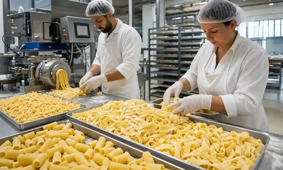 Addetti in camice e cuffia sistemano pasta fresca su vassoi in un laboratorio di produzione con macchinari industriali
