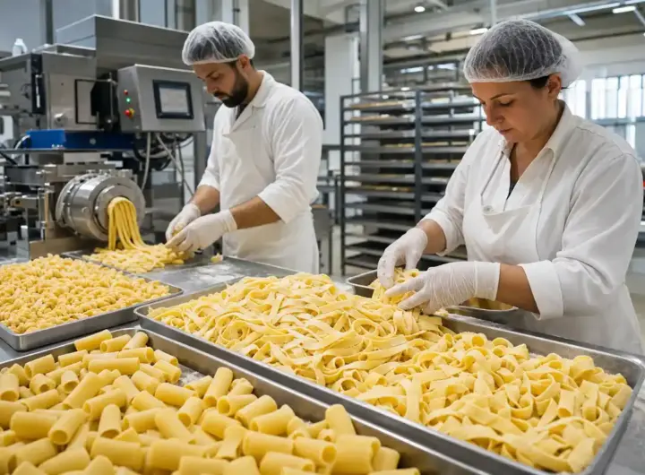 Addetti in camice e cuffia sistemano pasta fresca su vassoi in un laboratorio di produzione con macchinari industriali