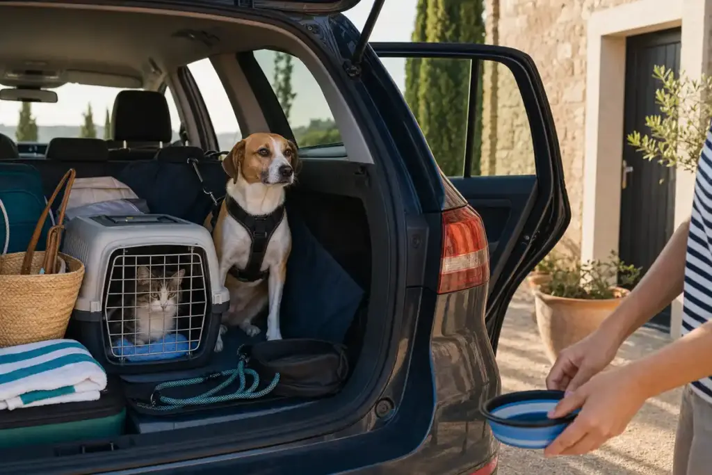 Cane con pettorina e gatto nel trasportino nel bagagliaio aperto di un’auto, con valigie e ciotola da viaggio