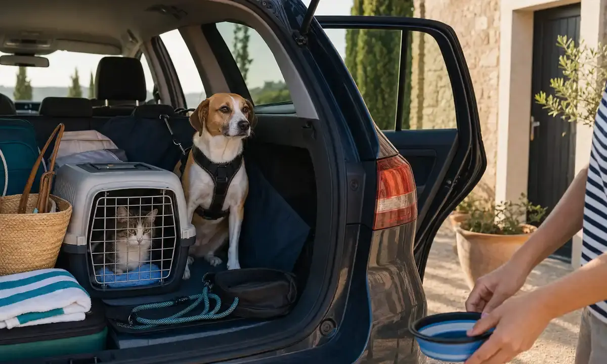 Cane con pettorina e gatto nel trasportino nel bagagliaio aperto di un’auto, con valigie e ciotola da viaggio