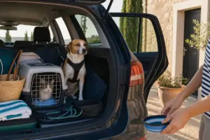 Cane con pettorina e gatto nel trasportino nel bagagliaio aperto di un’auto, con valigie e ciotola da viaggio