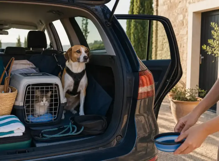 Cane con pettorina e gatto nel trasportino nel bagagliaio aperto di un’auto, con valigie e ciotola da viaggio