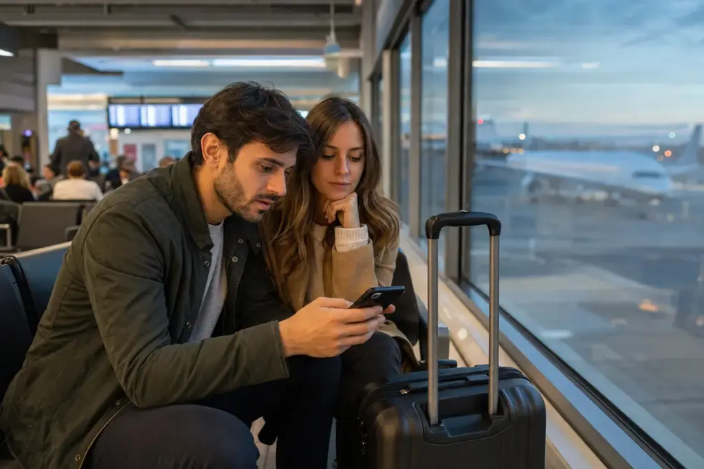 Coppia in aeroporto seduta vicino al finestrino mentre controlla offerte voli sullo smartphone, con trolley accanto